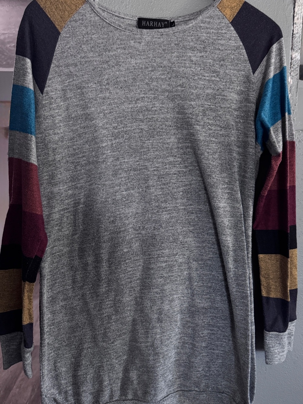 HARHAY Women's Gray Tunic with Multicolor Stripe Sleeves